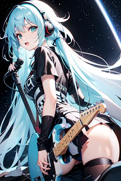 ((masterpiece, best quality))1girl, solo, black dress, blue eyes, electric guitar, guitar, headphones, double ponytail, holding,...