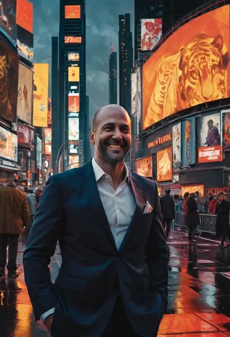 Ray tracing: Business Tiger in New York in Times Square stands and smiles. Jeremy Mann and Charles Danny Gibson, Mark Demsteder, Paula Headley. Spartak Mukanov + art concept. Very beautiful, gouache, cinematic, dark, creepy, mysterious, modern vintage. Typ...