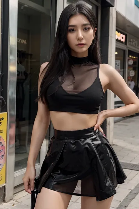 kısa beyaz saçlı, beautiful asian anime woman, Sokakata wears black transparent crop top in front of shops ,  She wears a little black tight skirt, High quality, anatomically correct, dokulu cilt, Super Detay
