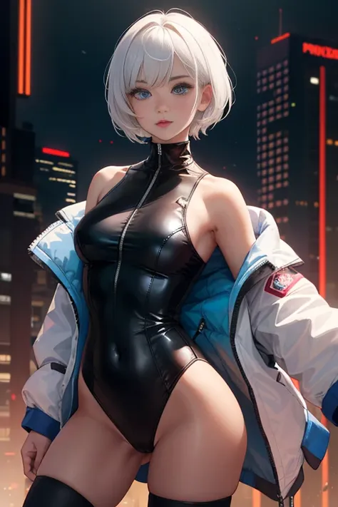 cyberpunk edgerunners, 1girl, lucy (cyberpunk), bare shoulders, blue eyes, breasts, leotard, looking at viewer, medium breasts, off-shoulder jacket, off shoulder, red eyeliner, short hair, sleeveless turtleneck leotard, solo, turtleneck leotard, white hair...