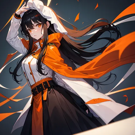 long black-haired white 17-year-old girl wear military suit, orange cape, big hazel eyes, sci-fi, dark mood, charturnerv2