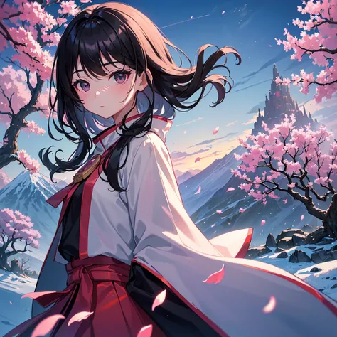 (best quality, masterpiece),(1girl, miko, coat, expression face, black eyes, looking at front ,black hair, walking, upper body), (night strray sky, huge old tree behind, falling glowing pink petals behind, shrine behind, mountain background, blowing wind, ...