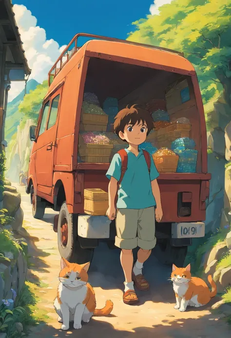 Little boy with his cat, excentrique, who searches for precious stones, assis dans un camion sur une grande route, Brightness Clear dark. lost treasure. 