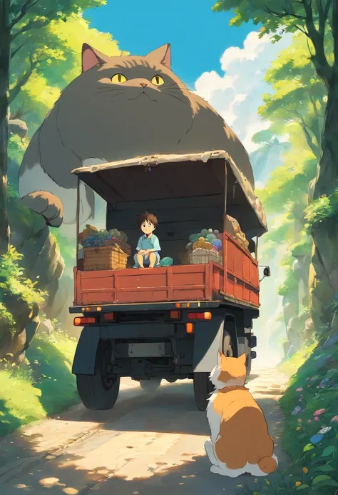 Little boy with his cat, excentrique, who searches for precious stones, assis dans un camion sur une grande route, Brightness Clear dark. lost treasure. 