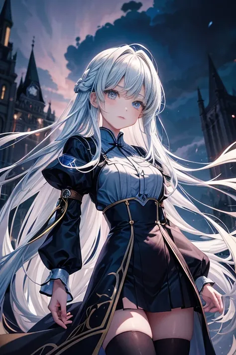 in front of a dark building，An anime girl stands there。She has bright and charming eyes，soft and seductive lips，and a white face。Her eyelashes are long，Makes her eyes more fascinating。She is wearing a popular isekai anime style outfit，Paired with unique ac...