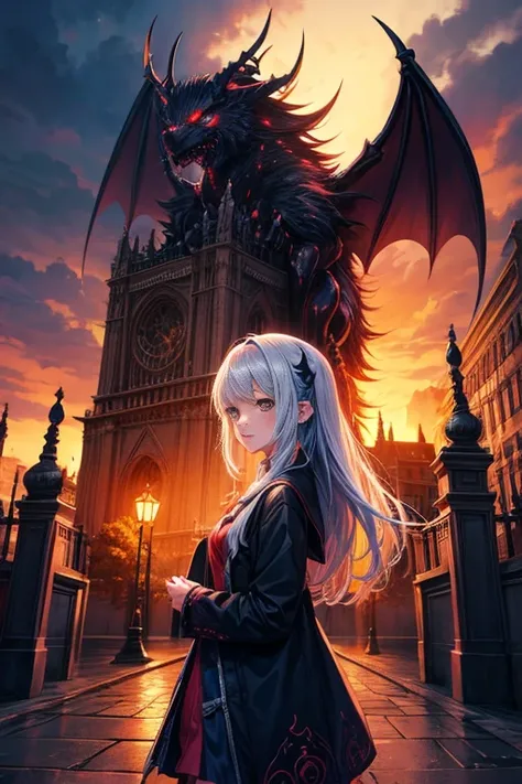 anime girl in front of a demonic building, illustration medium, vibrant colors, ultra-detailed, realistic style:1.37, fantasy creatures, nighttime scene, warm color tone, masterpiece.