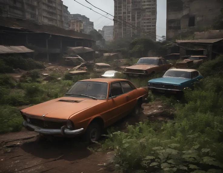 Post-Apocalypse cinematic scene in São Paulo (Brasil),carros abandonados sucateados com fungos e mato crescendo em cima, Destroyed buildings,cratera no asfalto, traffic lights broken and with creeper,animais selvagem andando livremente pela cidade,imagem c...