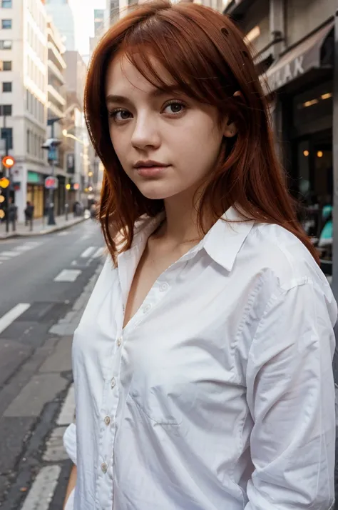 1girl, cute girl, red hair, black eyes, city street background, soft natural light, white shirt, portrait