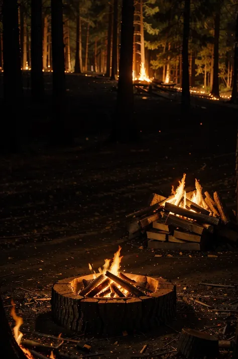 fire burning the wood, lots of fire, camp fire, flames from the wood, glowing fire, night time, fire lighting, depth of field, masterpiece, photo-realistic, super detail, forest in background