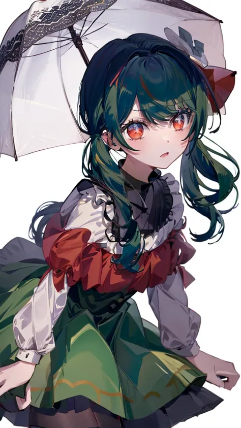 Deep green hair、red eyes、lolita、Cute umbrella、beautiful decoration、fantasy、above the sky、Grains of light、ribbon、white background、simple background