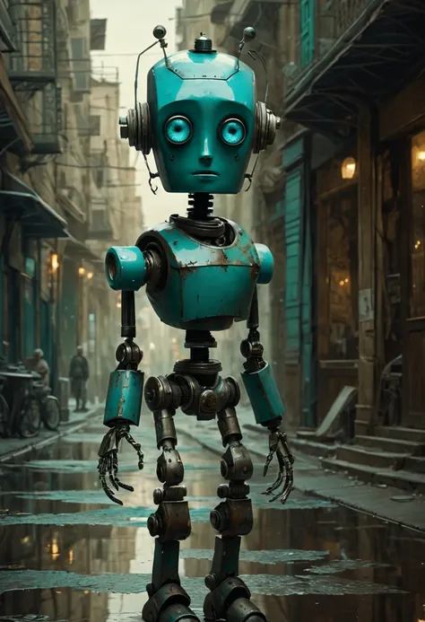 full length view. little funny robot, porcelain face and head, big turquoise eyes, perfect eyes, top quality style. beautiful ci...