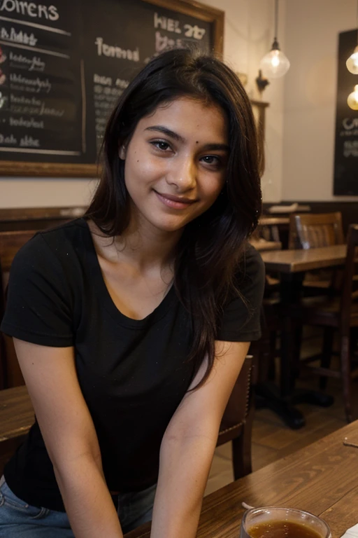 A beautiful Indian girl 18yo old, wearing a black t shirt, blue eyes, smile on face, siting in a pub, front view 