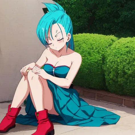 a girl with blue hair sitting on the ground, bulma from dragon ball, aqua medium hair, with a strapless red dress, both eyes closed, moaning, the anime girl is crouching,