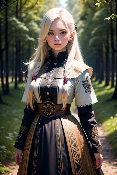 [Full length portrait] [18 Years Old nordic Female Fashion model] [vestido como un guerrero vikingo al estilo] [Bored expression on Face][entorno bosque oscuro y oscuro en el campo de batalla.] [type of illumination: natural lighting], extremadamente reali...