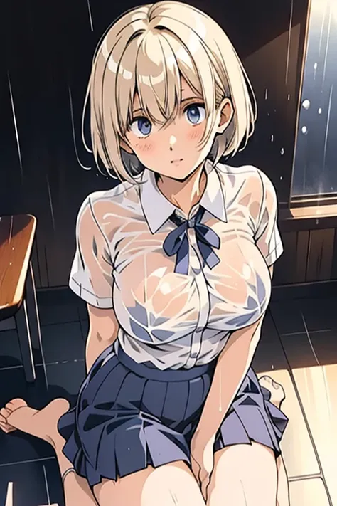 japanese girl、18 year old girl、pull short hair、blonde hair、bangs whorl、perfect figure、Transparent processing、luster、With gloss、modest chest、school uniform、Navy blue ribbon、white shirt、navy blue skirt、(In the classroom)、Beautiful feet、strong sunlight、Obscen...