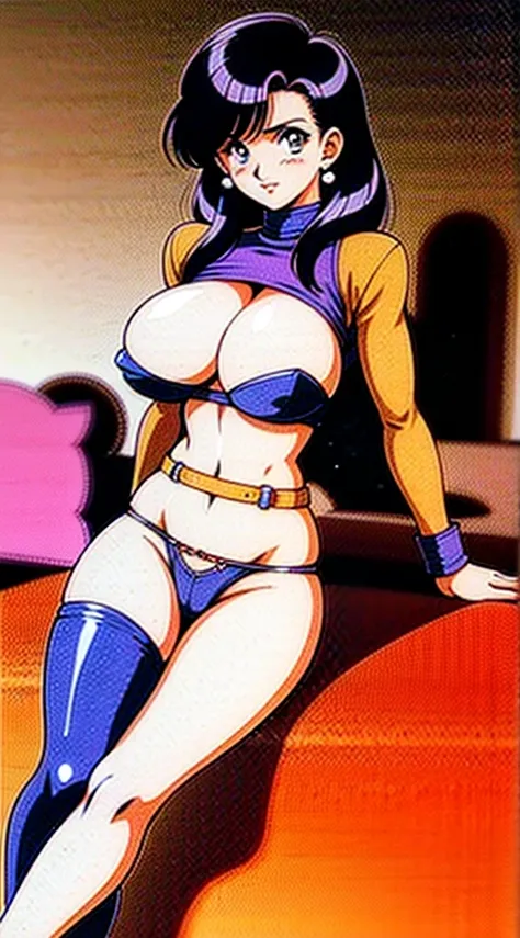 1990s, (masterpiece), high-definition, detailed face, korean girl, abs, (big tits: 1.4) big hips, messy (dark purple and blue hair), orange eyes, grey turtleneck sweater, jacket, (red tight skirt: 1.3), belt, (thong: 1.4), thigh high stockings, boots, fish...