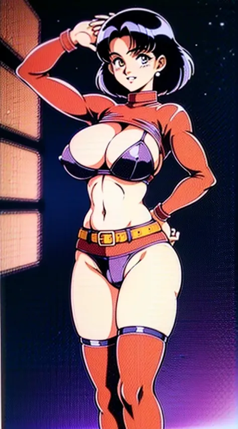 1990s, (masterpiece), high-definition, detailed face, korean girl, abs, (big tits: 1.4) big hips, messy (dark purple and blue hair), orange eyes, grey turtleneck sweater, jacket, (red tight skirt: 1.3), belt, (thong: 1.4), thigh high stockings, boots, fish...