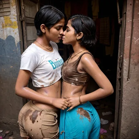 Desi teenage girl kissing her friend in a Mumbai slum. Covered in poop. Short hair. Dirty butt. 