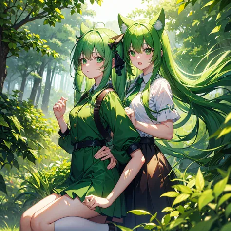 highest quality、masterpiece、girl、Green-haired twin-tailed、green eyes、green clothes、green skirt、green forest、green animal ears