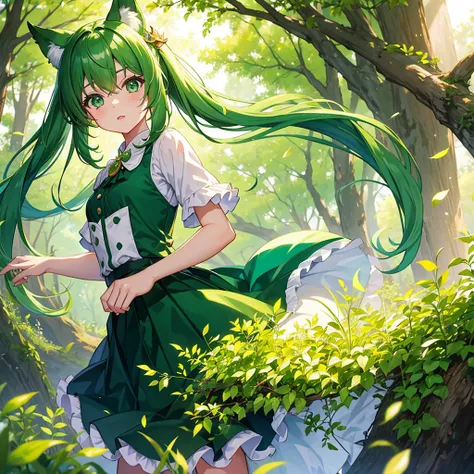 highest quality、masterpiece、girl、Green-haired twin-tailed、green eyes、green clothes、green skirt、green forest、green animal ears