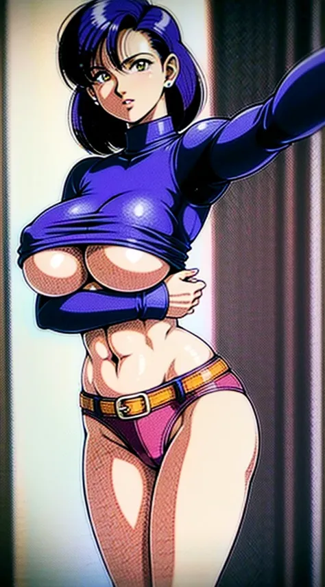 1990s, (masterpiece), high-definition, detailed face, girl, abs, (big tits: 1.4) big hips, messy (dark purple and blue hair), orange eyes, grey turtleneck sweater, jacket, (red tight skirt: 1.3), belt, (thong: 1.4), thigh high stockings, boots, fishnet, ci...