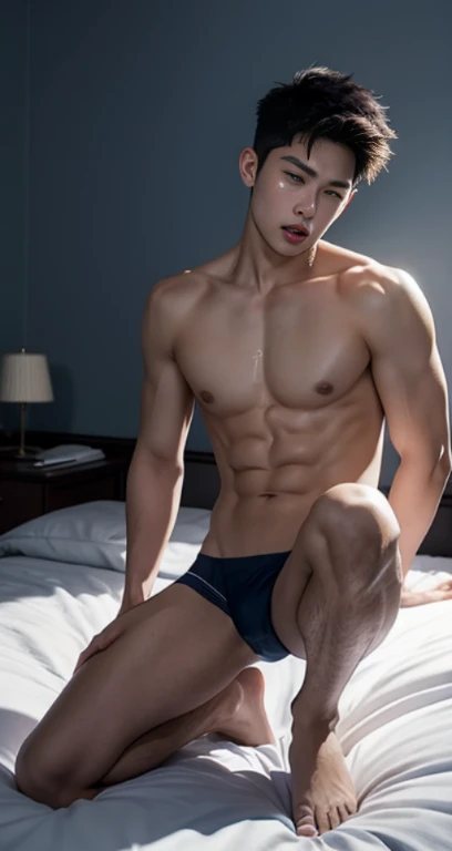 Ultra photorealistic, 20 year old, handsome male model, handsome man, asian man, shirtless, on top of the bed, dark blue briefs, full body, expression of orgasmic, cry, cumshot, cum on chest