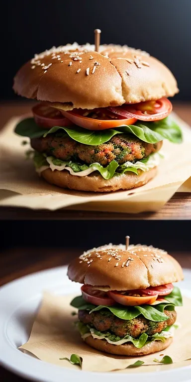 Delicious chickpea burger, dressed with fresh salad, tomato, and vegan cheese, middle: ultra realistic photography, style: inspired by the vibrant and youthful aesthetic of vegan food blogs, Lighting: bright, direct light from the front to make the colors ...