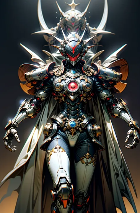 oscuro_fancy,ciberpunk,1Mechanical Wonderman,Robotic presence,Cyber General, Asesino Mechanical Armor, Arte absolutamente impresionante,Usando una. capa escarlata, art of the highest quality, highest resolution, Super detailed, fondo escarlata, futurista, ...