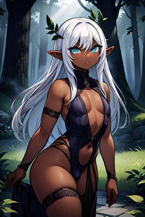 (best quality,4k,8k,highres,masterpiece:1.2),ultra-detailed,dark elf femboy,dark skin,patrolling,dark forest,arrogant,beautiful detailed eyes,beautiful detailed lips,extremely detailed eyes and face,long eyelashes,mysterious atmosphere,thin and agile figur...