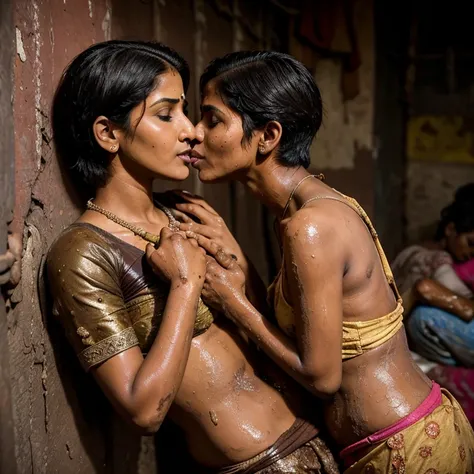 Older Desi bhabhi kissing her teenage sister in law in dharavi slum. Covered in poop. Short hair. Dirty butt. Lips touching. Wet