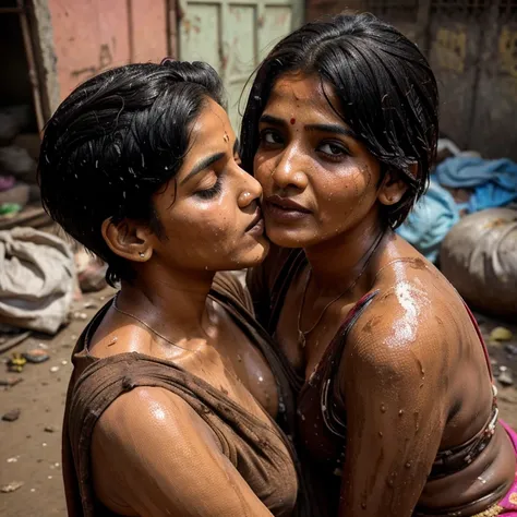 Older Desi bhabhi kissing her teenage sister in law in dharavi slum. Covered in poop. Short hair. Dirty butt. Lips touching. Wet