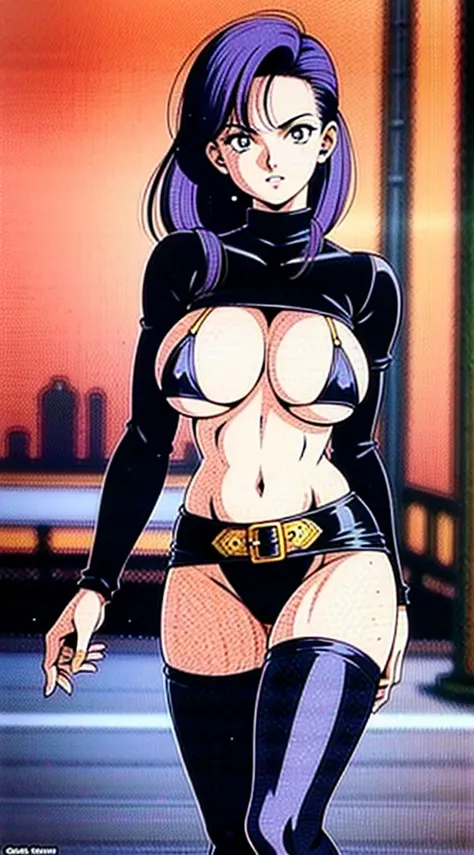 1990s, (masterpiece), high-definition, detailed face, girl, abs, (big tits: 1.4) big hips, messy (dark purple and blue hair), orange eyes, grey turtleneck sweater, jacket, (black tight skirt: 1.3), belt, (black thong: 1.2), thigh high stockings, boots, fis...