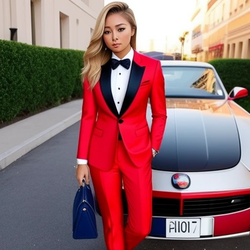 Beautiful blonde hair brown eyes half Filipina half America young woman realistic dressed to impress, red tuxedo, no tie, pants, suit top, buttons undone, prom, lesbian, no male, taking off suit coat