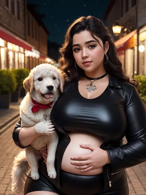 (8k, melhor qualidade, obra de arte:1.2), (realista, photo-realista:1.37), ultra-detalhado, 
1 chubby man with extremely thick thighs and a large belly and 1 girl with long black hair holding a poodle dog with white fur color the dog is on his lap the pood...