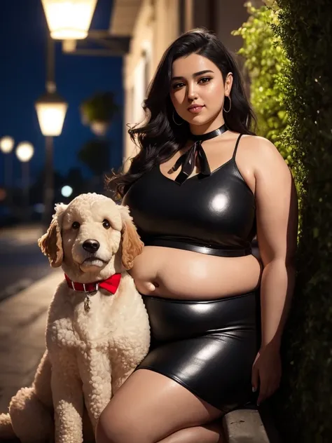 (8k, melhor qualidade, obra de arte:1.2), (realista, photo-realista:1.37), ultra-detalhado, 
1 chubby man with extremely thick thighs and a large belly and 1 sexy girl with long black hair holding a poodle dog with white fur the dog is on her lap the poodl...