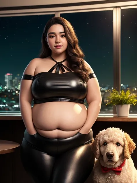 (8k, melhor qualidade, obra de arte:1.2), (realista, photo-realista:1.37), ultra-detalhado, 
1 chubby man with extremely thick thighs and a large belly and 1 sexy girl with long black hair holding a poodle dog with white fur the dog is on her lap the poodl...