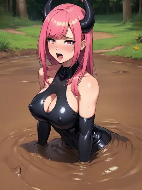 collar, Athletic body, wet pussy, curvy, big breasts, latex, pink-red eyes, pink hair, long hair, flushed face, tight, looking back, naked breasts, devil horns, devil tail, devil wings, 1 girl, agony, scared face, desperate behaviour, partially submerged, ...