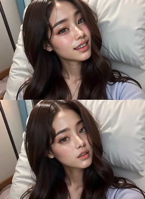 Un primer plano de una mujer acostada en la cama con una almohada, ulzzang, leve sonrisa linda, jisoo de blackpink, Jisoo de Blackpink, Sonrisa encantadora, jaeyeon nam, Jinyoung Shin, pale korean adorable face, ella tiene una cara linda, retrato de jisoo ...