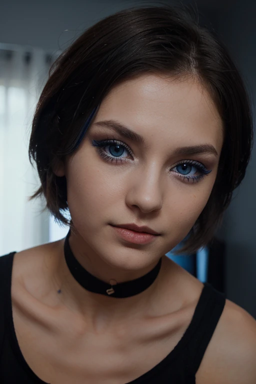 Cute skinny Slavic girl, short dark hair, deep blue eyes with some eyeliner makeup, having sex