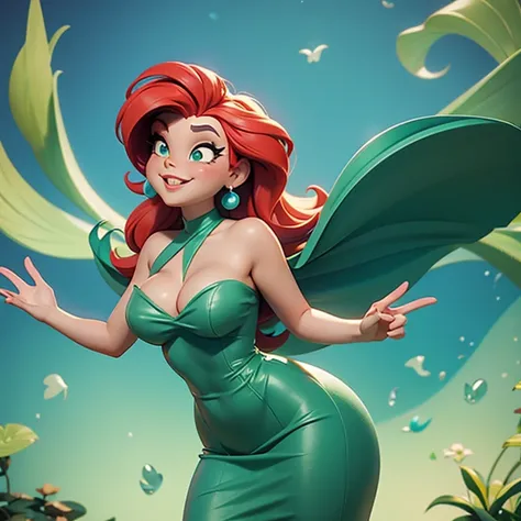 Ariel from Disney with a beautiful curvy body, with a sexy green dress in a Pixar style