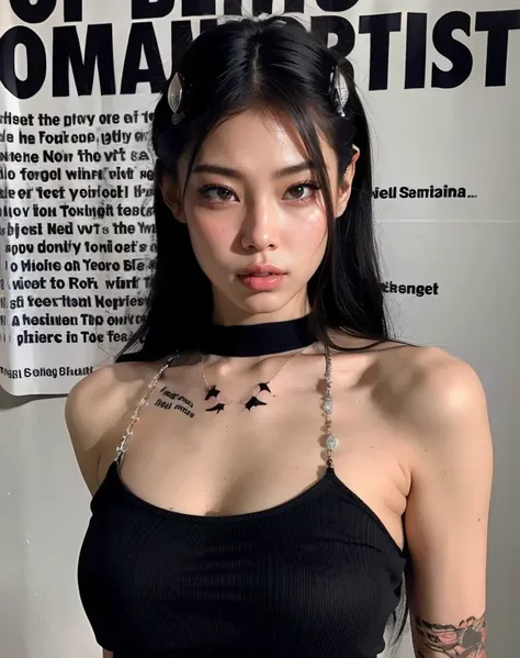 arafed woman with a tattoo on her chest and a gargantilla, cruel korean gothic girl, wearing black gargantilla, wearing gargantilla, gargantilla, gargantilla on neck, wearing intricate black gargantilla, gargantilla around neck, modelo de moda femenina cor...