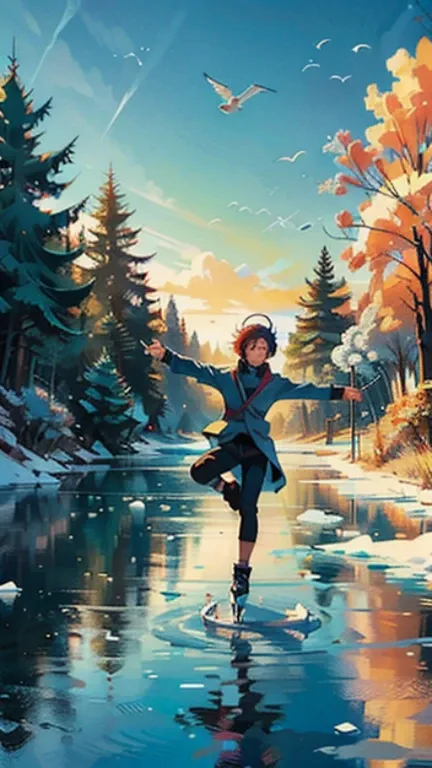 1man 1dog ice skating on a frozen lake. trees, flying birds background, colorful bright day. Cinematic poster, colorful manga anime style