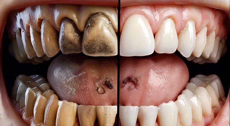 image of a human dental arch, where half the teeth are dirty, with plaque and tartar, and the other half have white, clean teeth without tartar.