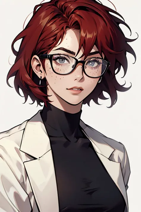 A girl with short red hair, glasses and freckles in black clothes