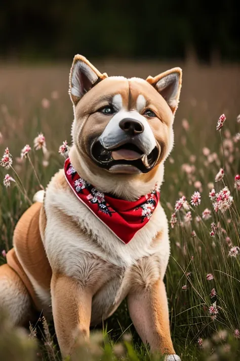  very hairy Akita dog with red bandana around his neck in a flowering grass a Pitbull in sy3 style
