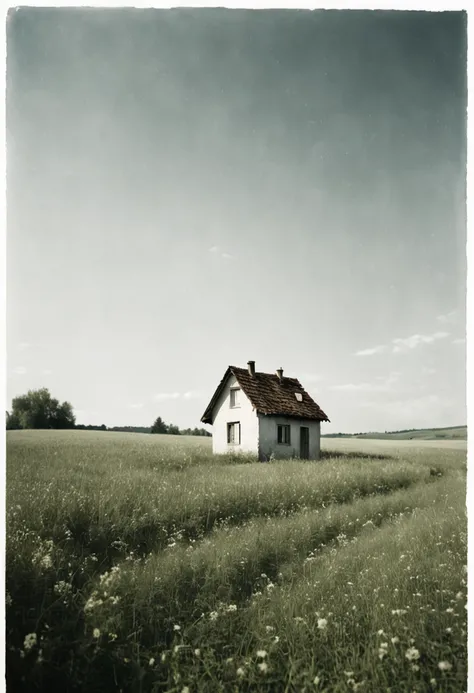 a photograph of a small house in a field, in the style of zeiss ikon zm, cluj school, analogue filmmaking, photo, dark white, confessional, washed-out 