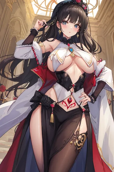 A woman with big ，Gorgeous young princess，victorian style，clavicle，Prominent and smooth underboob，Fallen Saint，Intricate details，exquisite，crotch tattoo, pubic，