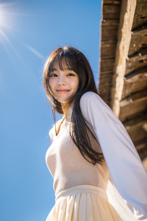 Cannon 35mm Shot、((Angle from below))、((Low - Angle))、 kawaii realistic portrait, cute natural anime face,hold your chest out、 ((bangs))、(A sloppy smile)、young adorable korean face, Cute girl - nice face, beautiful japanese girl face, young cute face,((ban...