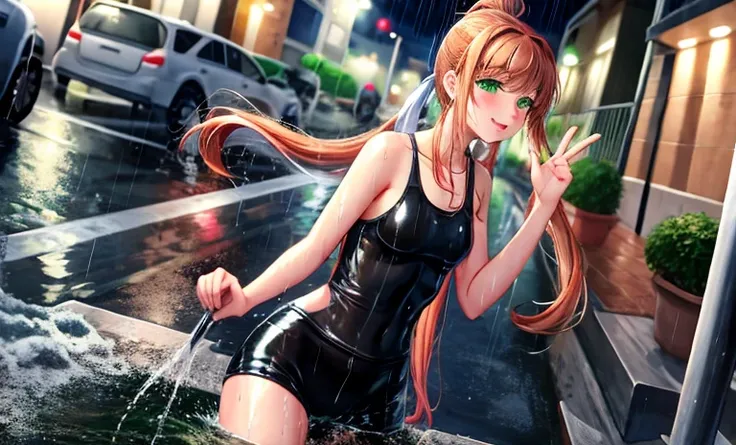 SoakingWetClothes, Masterpiece, highest quality, monika, green eyes, brown hair, very long hair, ponytail, hair ribbon, casual clothes, leggings, soaking wet clothes, wet hair, wet body, wetlook, soaked, pouring rain, outside, running down the sidewalk, dr...