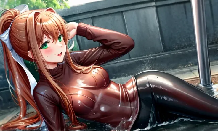 SoakingWetClothes, Masterpiece, highest quality, monika, green eyes, brown hair, very long hair, ponytail, hair ribbon, casual clothes, leggings, soaking wet clothes, wet hair, wet body, wetlook, soaked, pouring rain, outside, running down the sidewalk, dr...